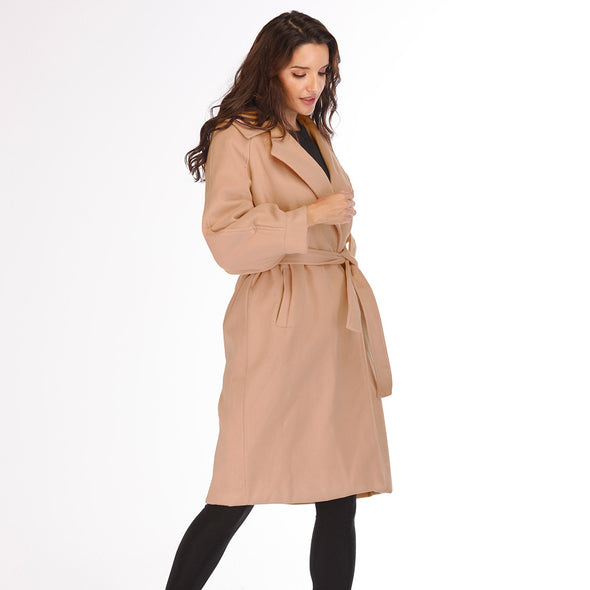 Fashion Pure Color Bandage Long Sleeve Woolen Coat