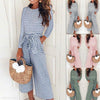 Round Neck Long Sleeve Stripes Lace Up Jumpsuits