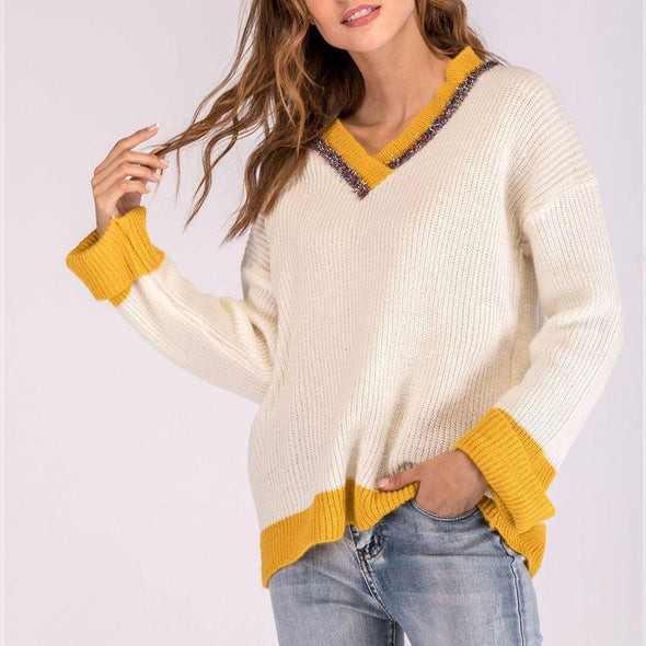 V-Neck Loose Contrast Color Wild Lazy Wind Sweater