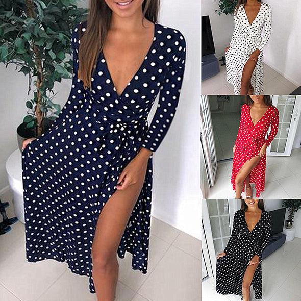 Sexy V-neck Long Sleeve Strap Polka Dot Dress