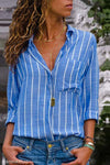 Turn Down Collar  Asymmetric Hem Single Breasted  Striped  Blouses