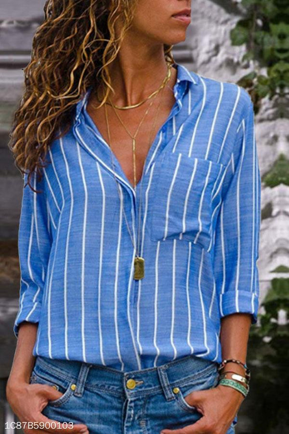 Turn Down Collar  Asymmetric Hem Single Breasted  Striped  Blouses