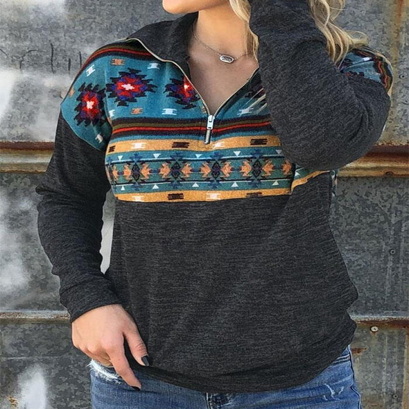 Geometric Printed Long Sleeve Zip Pullover Sweater