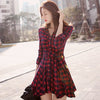 Women's waist red plaid long sleeve dress