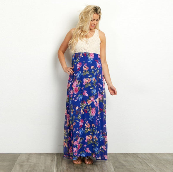 Sexy Lace Stitching Sleeveless Print Maxi Dress