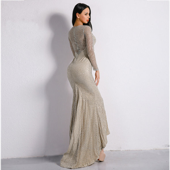 Sexy O-neck long sleeve mesh openwork slim evening dress