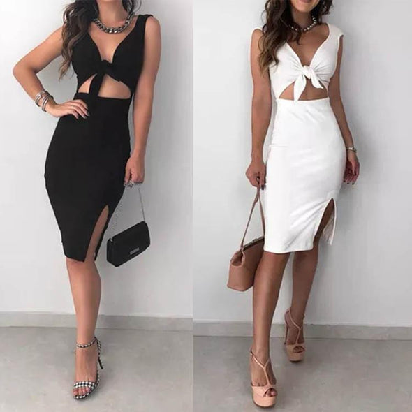 Sexy Pure Color Split Package Hip Bodycon Dress