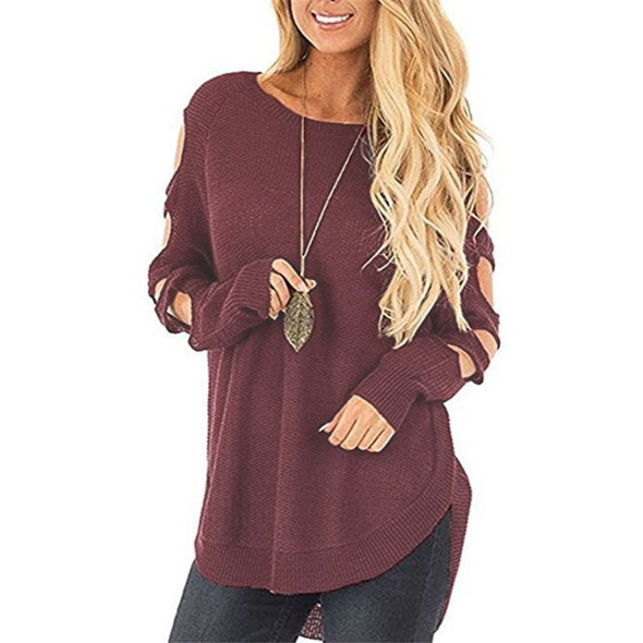 Strapless Shoulder Openwork Round Neck Sweaters