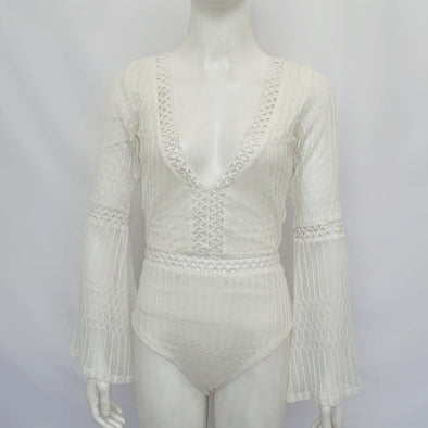 New V-neck Flare Sleeve Stitching Mesh Hollow Bodysuit