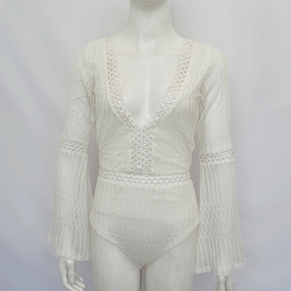 New V-neck Flare Sleeve Stitching Mesh Hollow Bodysuit