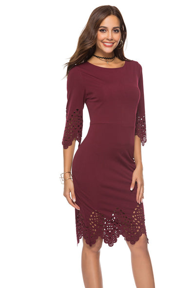 Solid Color Openwork Round Neck Half Sleeve Bodycon Dresses