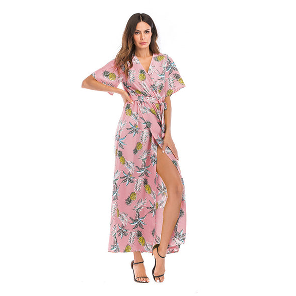 New V-neck short sleeve floral split dress maxi dress