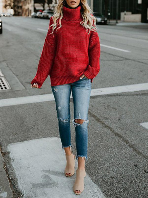 Thick Line Long Sleeve High Neck Pullover Knit Sweater