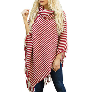 Striped Irregular Knit Turtleneck Tassel Cloak Sweater