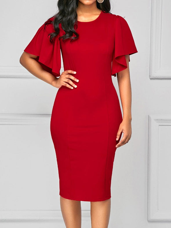 Round Neck  Plain  Blend Bodycon Dress