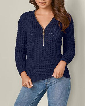 V-Neck Zipper Solid Color Long-Sleeved Sweater