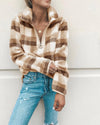 Fashion Zipper Check Long Sleeve High Neck Collar Outwear