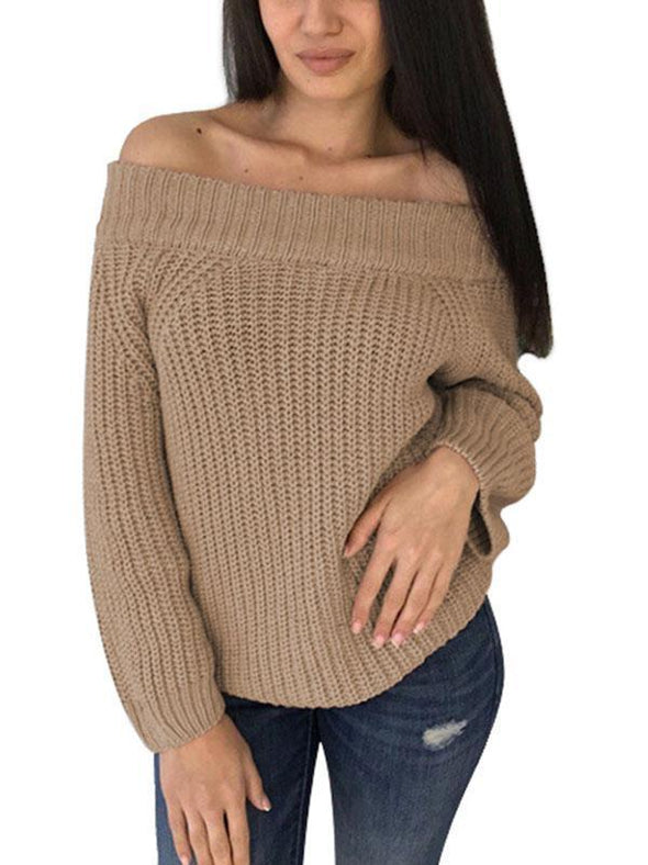 Round Neck Long Sleeve Pull Over Off-Shoulder Knit Sweater