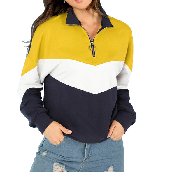 Colorblock Stand Collar Zipper Long Sleeve Sweatshirt