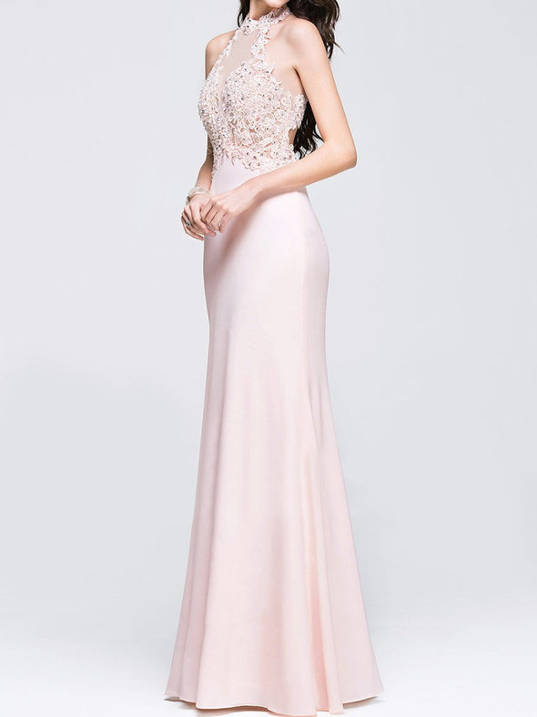 Sexy Pink Lace Stitching Halter Evening Dress