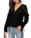 Lace-Paneled V-Neck Long-Sleeved Chiffon Shirt