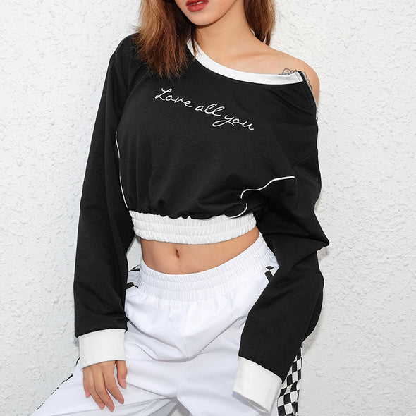 Off-The-Shoulder Zip-Embroidered Long-Sleeved Sweatshirt