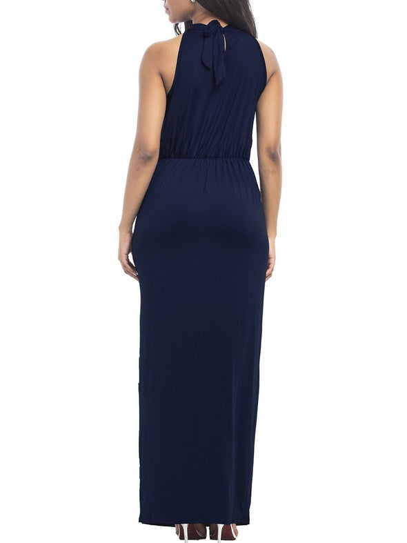 Band Collar Ruched Plain Evening Dress