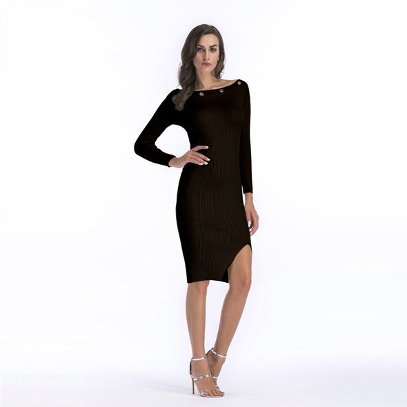 Women Slash Neck Cotton Long Knitted Dress Casual Long Sleeve Dresses