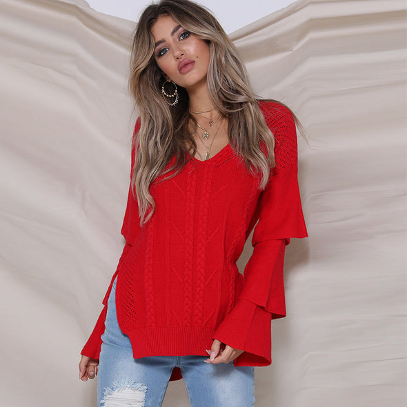 Split Three-layer Bell Sleeve V- neck Sweaters