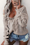 Plain V-Neck Long Sleeves Causal Loose Sweater