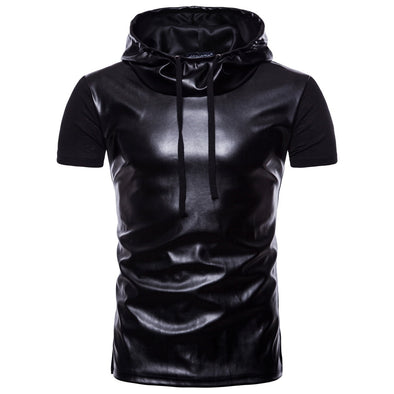 New Men's Leather T-shirt Hooded Trend T-shirt