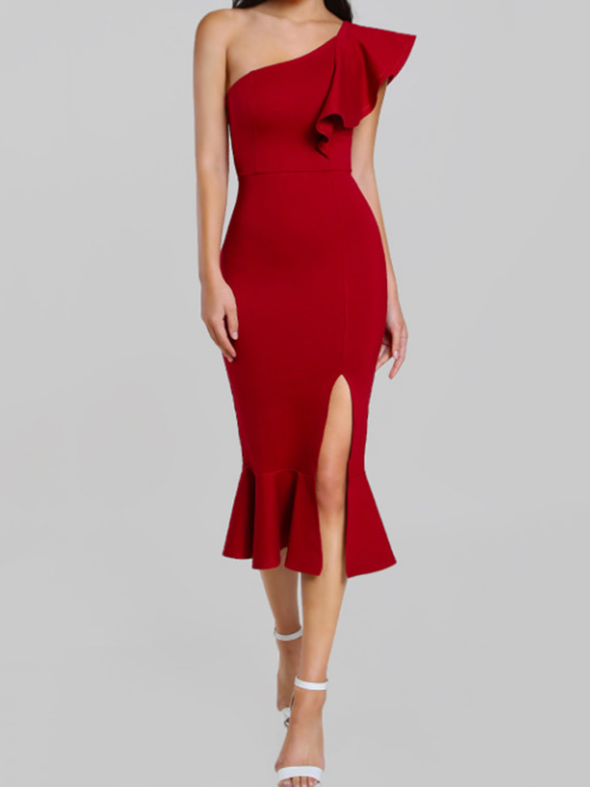 One Shoulder  Plain  Blend Bodycon Dress