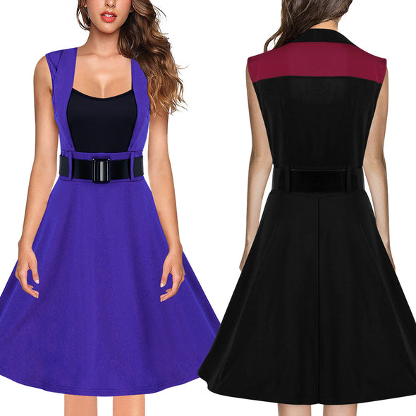 Fashion Square Collar Contrast Sleeveless Belt Dress