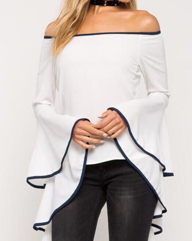 Solid Color Off-The-Shoulder Trumpet Sleeve T-Shirt