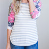 Striped Colorblocked Seven-Point Sleeve O-Neck T-Shirt