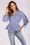 Women's New V-neck Strap Long Sleeve Striped Shirt