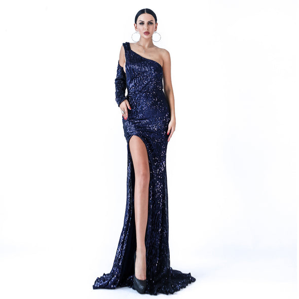 Sexy Off Shoulder Halter Sequined Split Mopping Evening Dress