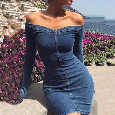 Chic Elegant Nifty Slim Plain Off Shoulder Long Sleeve Bodycon Dress