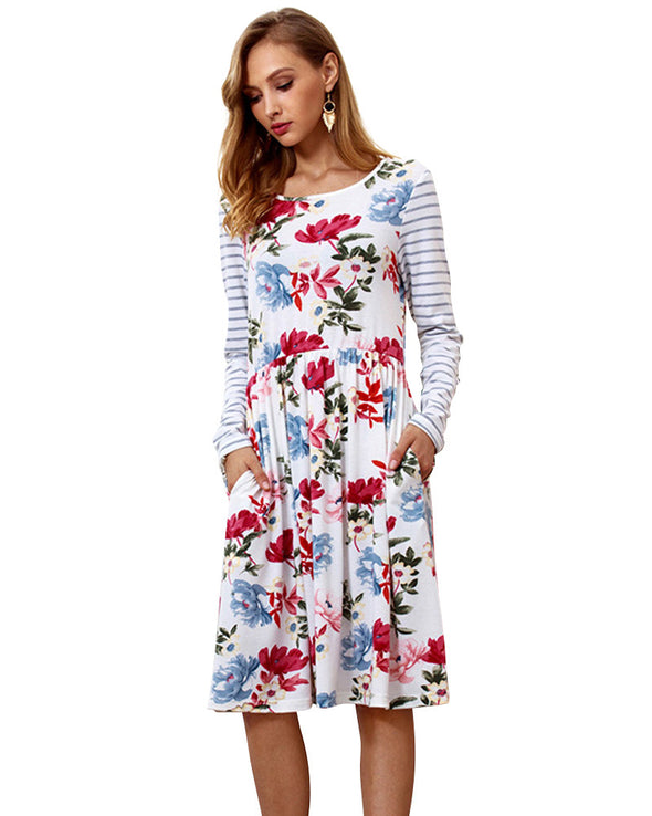 New Printed Long Sleeve Stitching Casual Dress