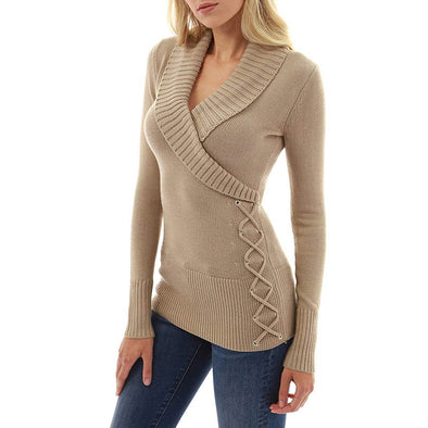 Casual Solid V-Neck Long-Sleeved Knitted Sweater
