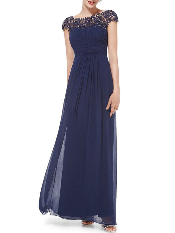 Round Neck Patchwork Ruched  Hollow Out Plain Evening Dress