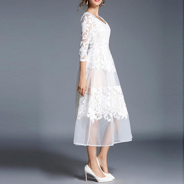 White V-Neck Lace Embroidery Party Dress