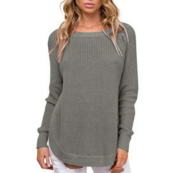 Split Round Neck Long Sleeve Sweaters