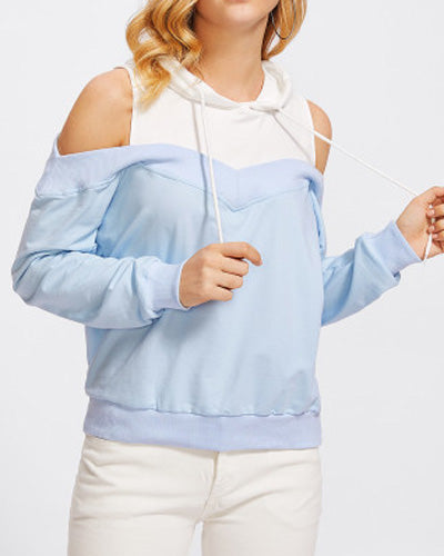 New Colorblock Hooded Off-The-Shoulder Loose Sweater