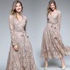 Fashion V-Neck High Waist Hollow Lace Long Sleeve Dress