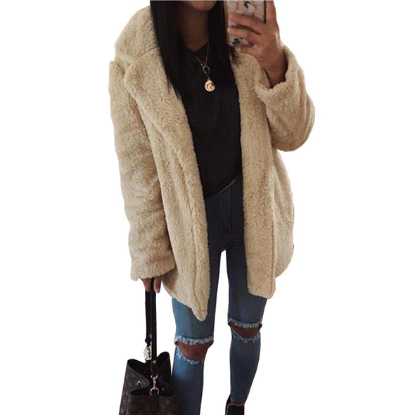 Fashion Pure Color Long Sleeve Plush Cardigan Coat