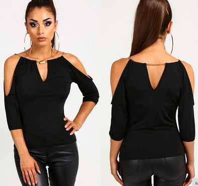 Open Shoulder V Neck Hollow Out Plain T-Shirts