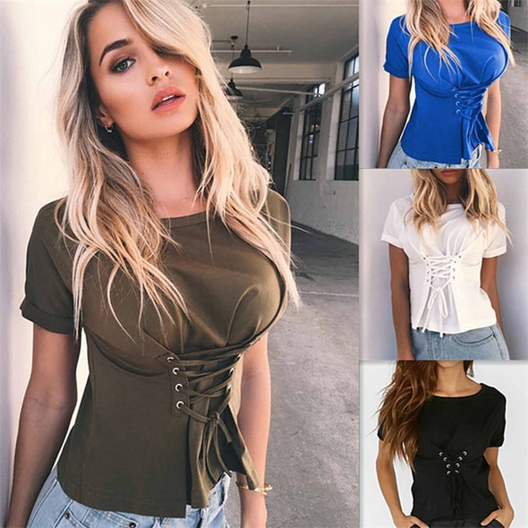 O-Neck Short-Sleeved Strap T-Shirt