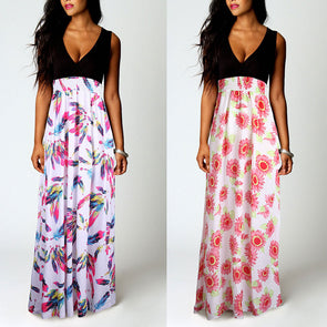 Printed V-Neck High-Waist Sleeveless Dress