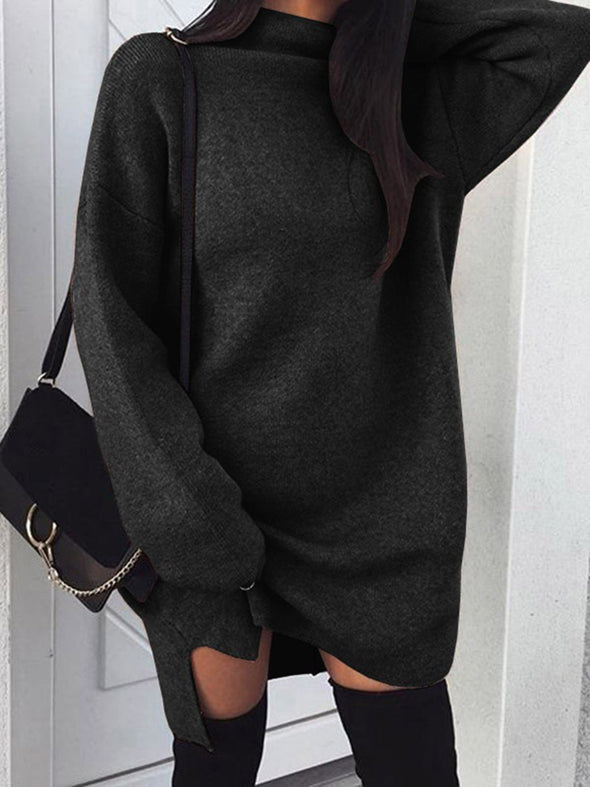 New Casual Large Size Loose Knit Turtleneck Split Sweater